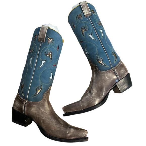 Frye Vintage Floral Blue Leather Pointed Tow Cowgirl Boots 8.5 - Picture 8 of 9